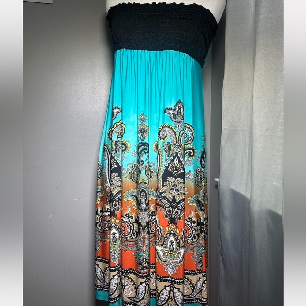 Elegant Black and Turquoise Paisley Maxi Dress